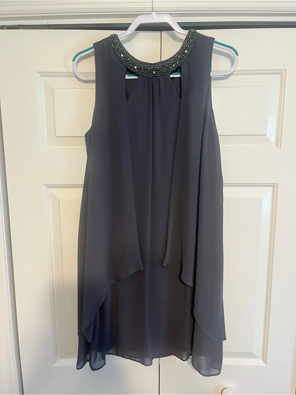 Embellished Neck Sleeveless Overlay Dress in Charcoal Gray